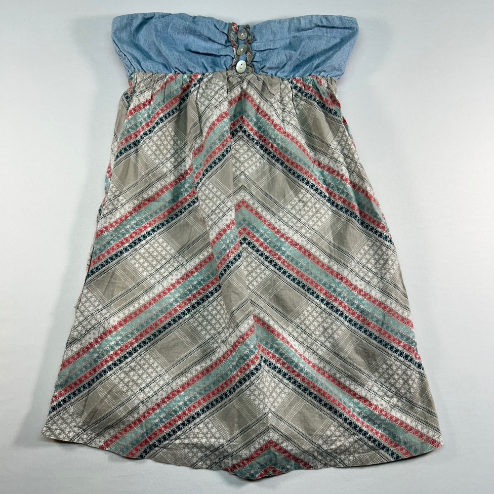 O'Neill Womens Small Strapless Cotton Chevron Mini Dress Blue Tan Geometric
